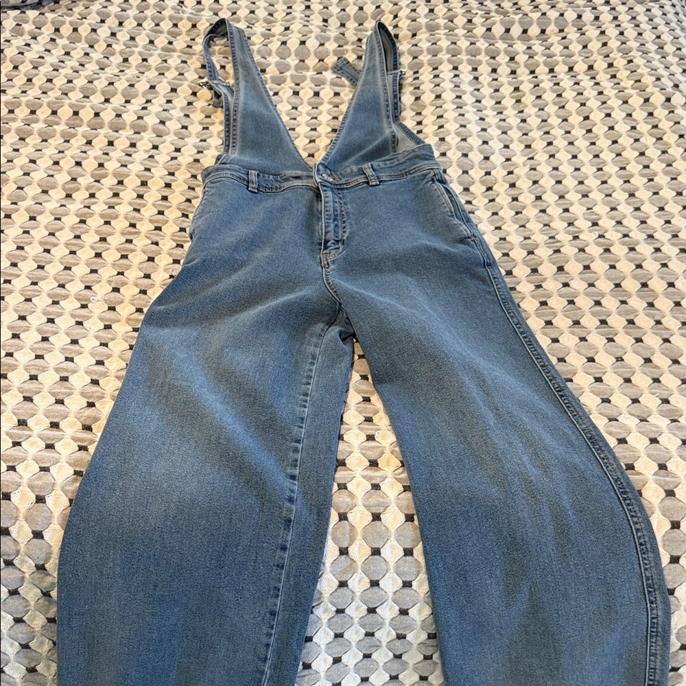 Free People Light Blue Wide-Leg Denim Overalls